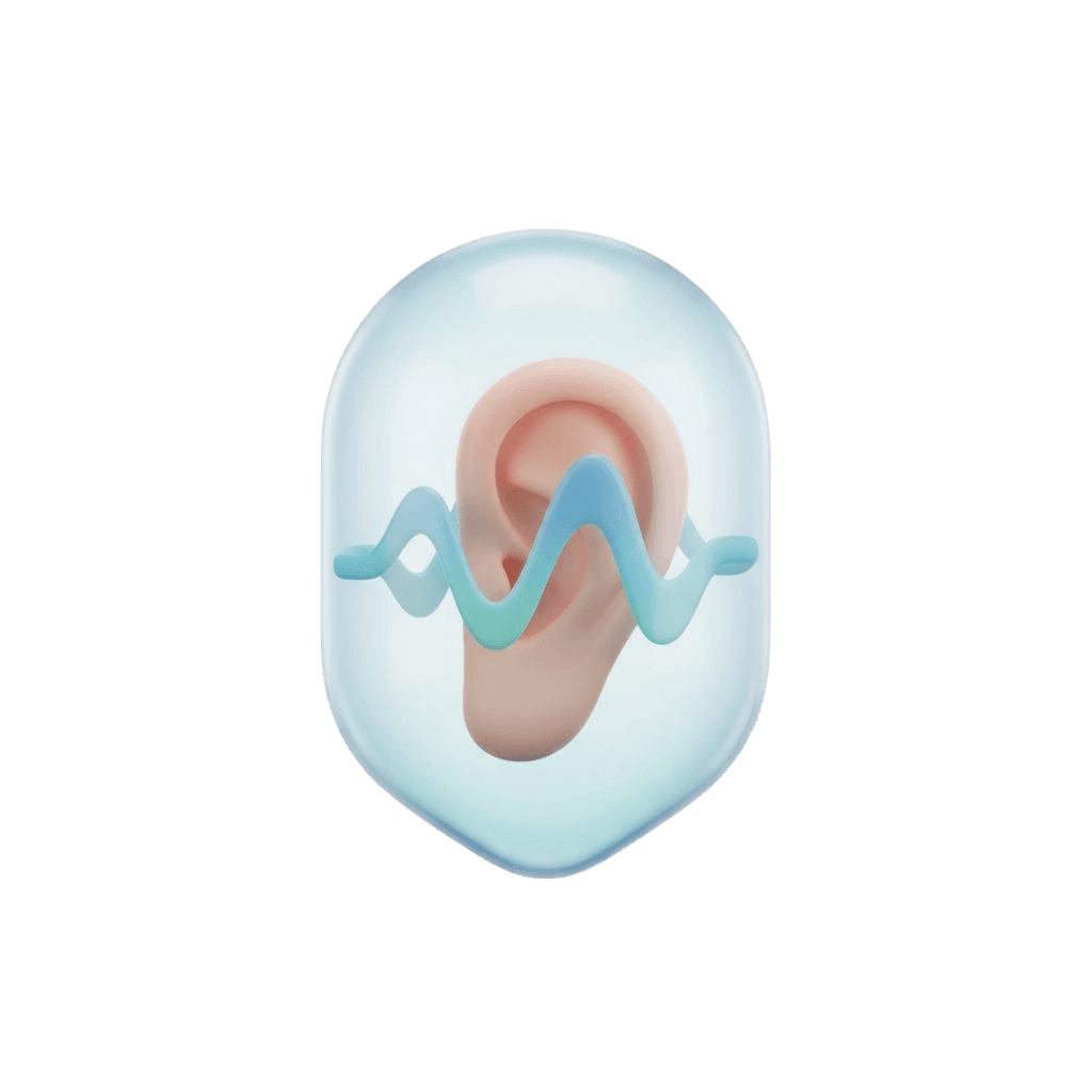 Illustration of an ear shield and gentle sound waves